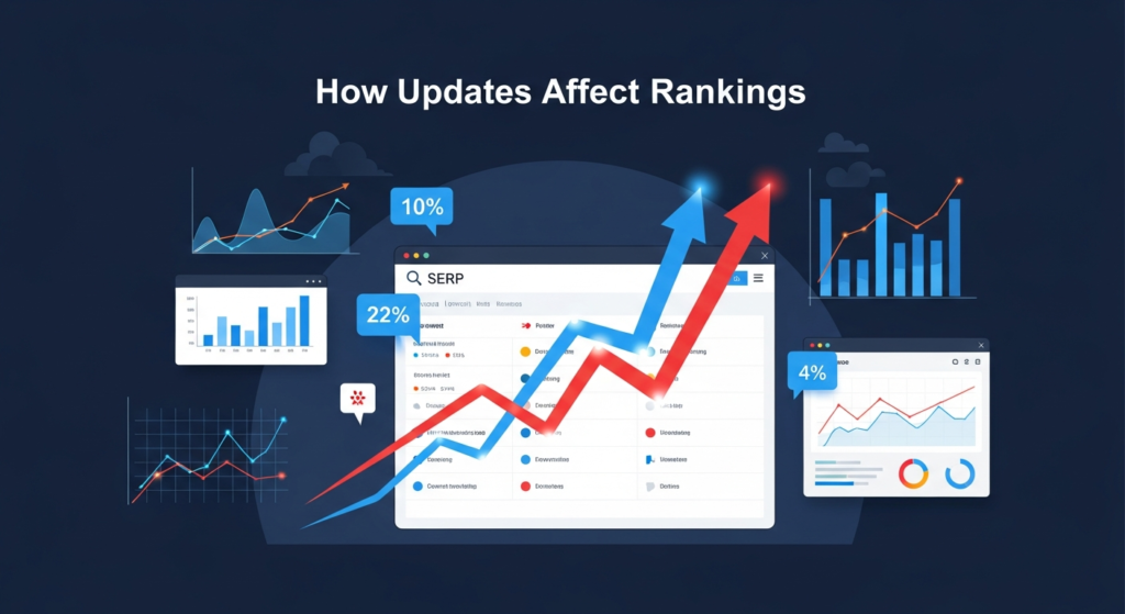 A digital illustration showing a search engine results page with websites moving up and down the ranking list. The scene includes upward and downward arrows, digital graphs, and analytics dashboards, with a heading that says "How Updates Affect Rankings," representing the impact of algorithm updates on website visibility and ranking changes.