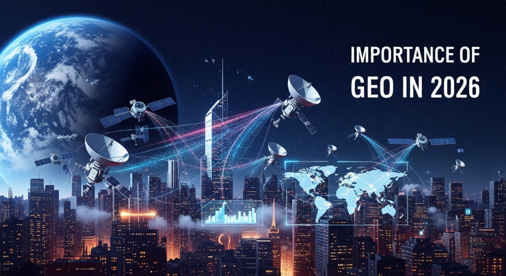 A digital illustration of a futuristic city in 2026 with Earth in the background and several satellites orbiting in geostationary positions. The image highlights data streams, satellite dishes, and digital maps, with a heading that reads "Importance of GEO in 2026," emphasizing the central role of geostationary satellites in global communication, navigation, and observation.