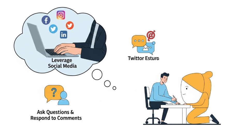 Illustration of two people talking at a table. Thought bubbles show social media tips: "Leverage Social Media" with Facebook, Instagram, Twitter, LinkedIn icons, and "Ask Questions & Respond to Comments" with a chat icon. Text "Twittor Estura" appears near chat bubbles.
