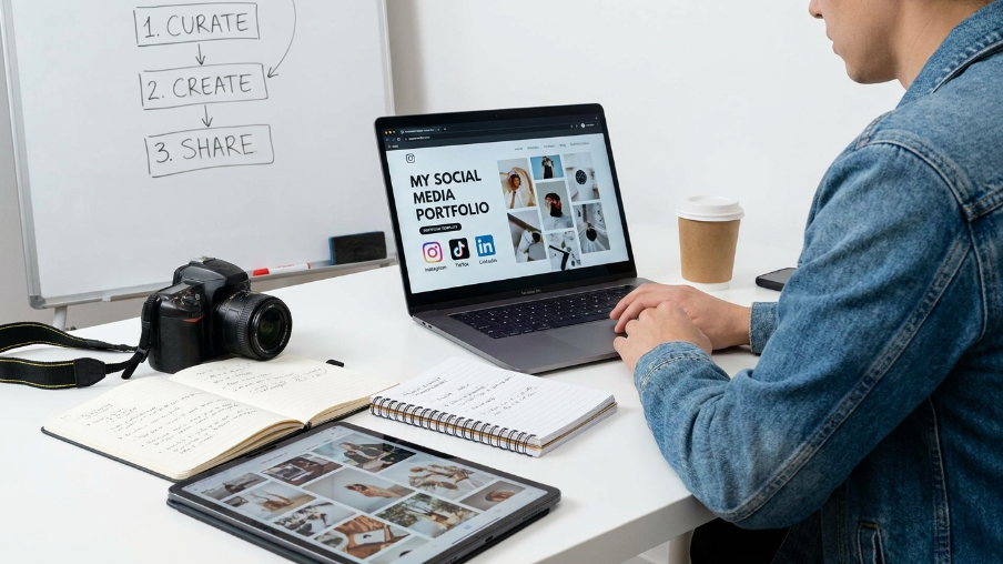 Person working on laptop showing "My social media portfolio" with tablet, camera, notebook and whiteboard listing curate, create, share workflow