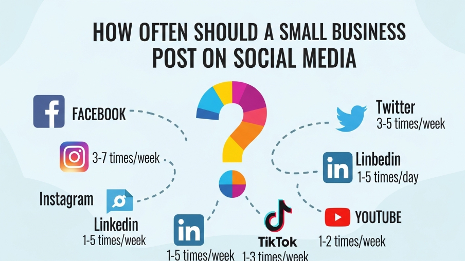 Infographic titled "HOW OFTEN SHOULD A SMALL BUSINESS POST ON SOCIAL MEDIA" with a large question mark. Shows posting frequency: Facebook 3-7 times/week, Instagram 3-7 times/week, LinkedIn 1-5 times/week and 1-5 times/day, Twitter 3-5 times/week, TikTok 1-3 times/week, YouTube 1-2 times/week.