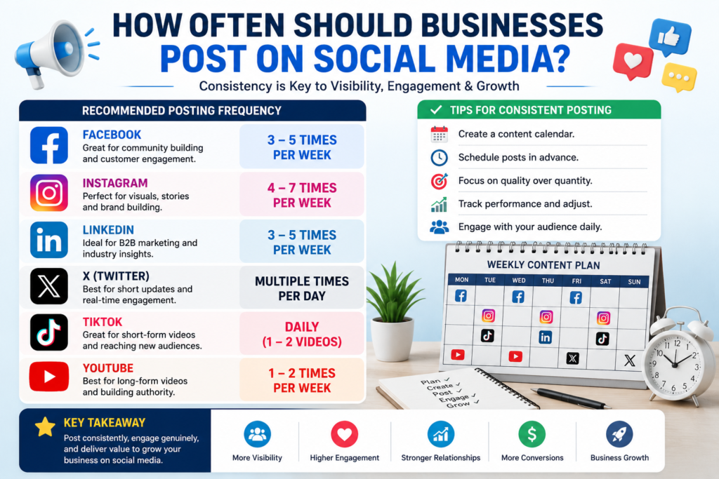 Social media posting frequency guide for businesses with platform-specific recommendations and content planning tips.
