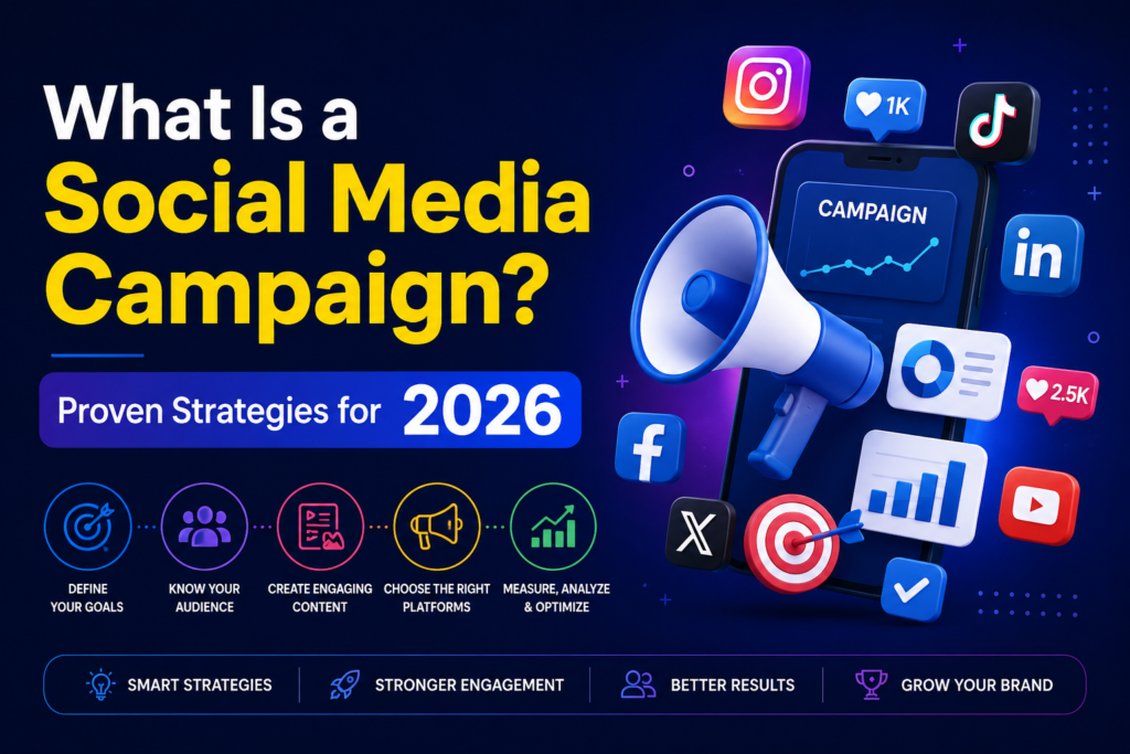 Illustration of a social media marketing campaign for 2026, featuring a smartphone, megaphone, analytics charts, target icon, and popular social media platform symbols, highlighting proven strategies for audience engagement, content creation, and brand growth.