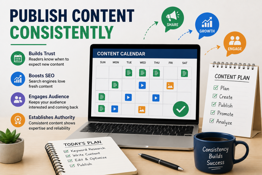 Publish content consistently illustration with content calendar, laptop, and SEO planning tools