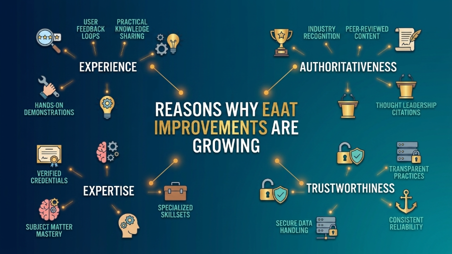 EEAT framework infographic explaining Experience, Expertise, Authoritativeness, and Trustworthiness with examples such as verified credentials, peer-reviewed content, industry recognition, secure data practices, and thought leadership for better SEO performance and Google rankings.