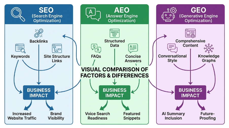 Infographic comparing SEO, AEO, and GEO showing factors and business impact: keywords, structured data, conversational style for increased traffic and AI visibility