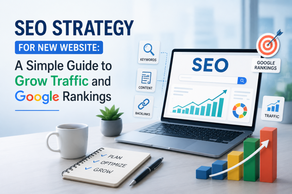 SEO strategy illustration with laptop, traffic growth chart, and Google ranking icons