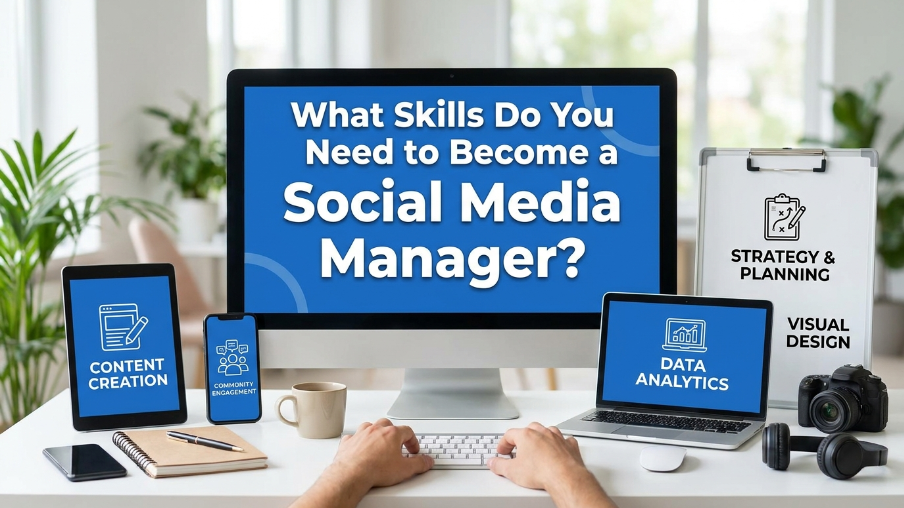Desktop setup with monitor showing "What skills do you need to become a social media manager" and devices showing content creation, community engagement, data analytics, strategy, visual design