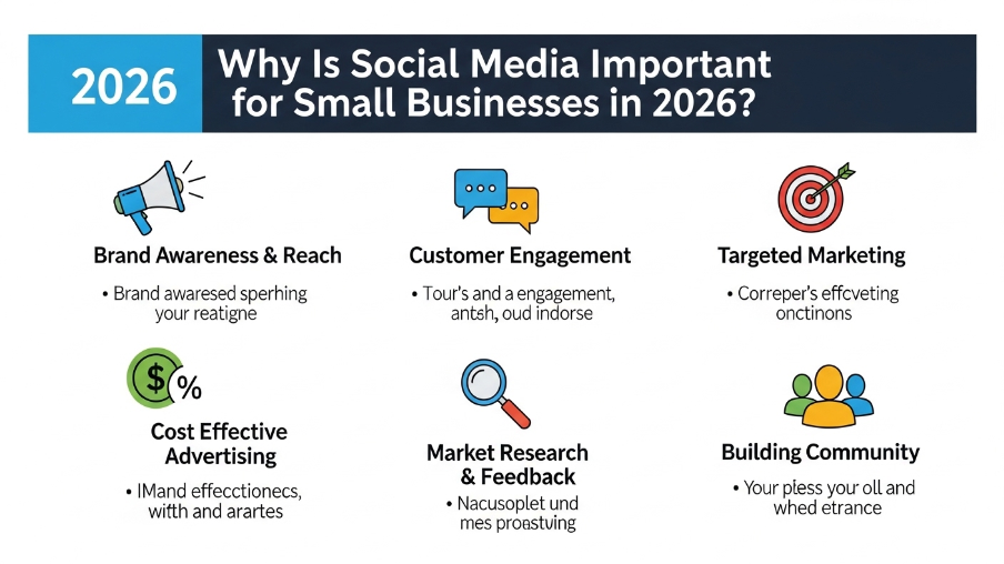 Infographic titled "2026 Why Is Social Media Important for Small Businesses in 2026?" showing 6 points with icons: Brand Awareness & Reach, Customer Engagement, Targeted Marketing, Cost Effective Advertising, Market Research & Feedback, and Building Community.