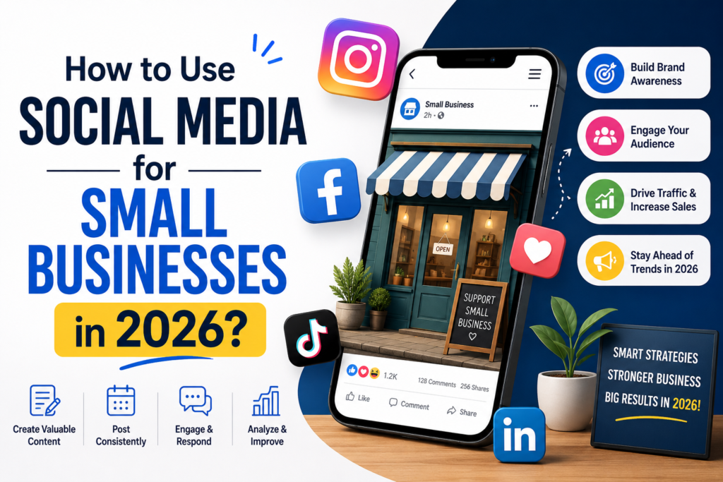 **Alt Text:**  *Illustration showing a smartphone displaying a small business storefront with social media icons including Instagram, Facebook, TikTok, and LinkedIn. The design highlights social media marketing strategies for small businesses in 2026, focusing on brand awareness, audience engagement, traffic growth, and sales increase.*