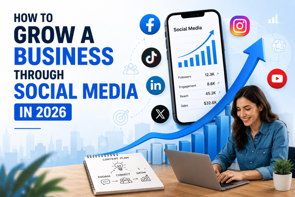 How to grow a business through social media in 2026 infographic with social media growth chart and marketing strategy.