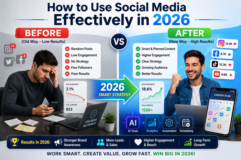 "Before and after social media strategy comparison showing low engagement versus high growth, audience reach, and success in 2026."