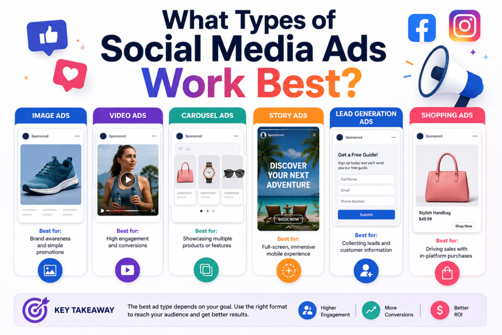 Infographic showing the best social media ad types, including image, video, carousel, story, lead generation, and shopping ads.