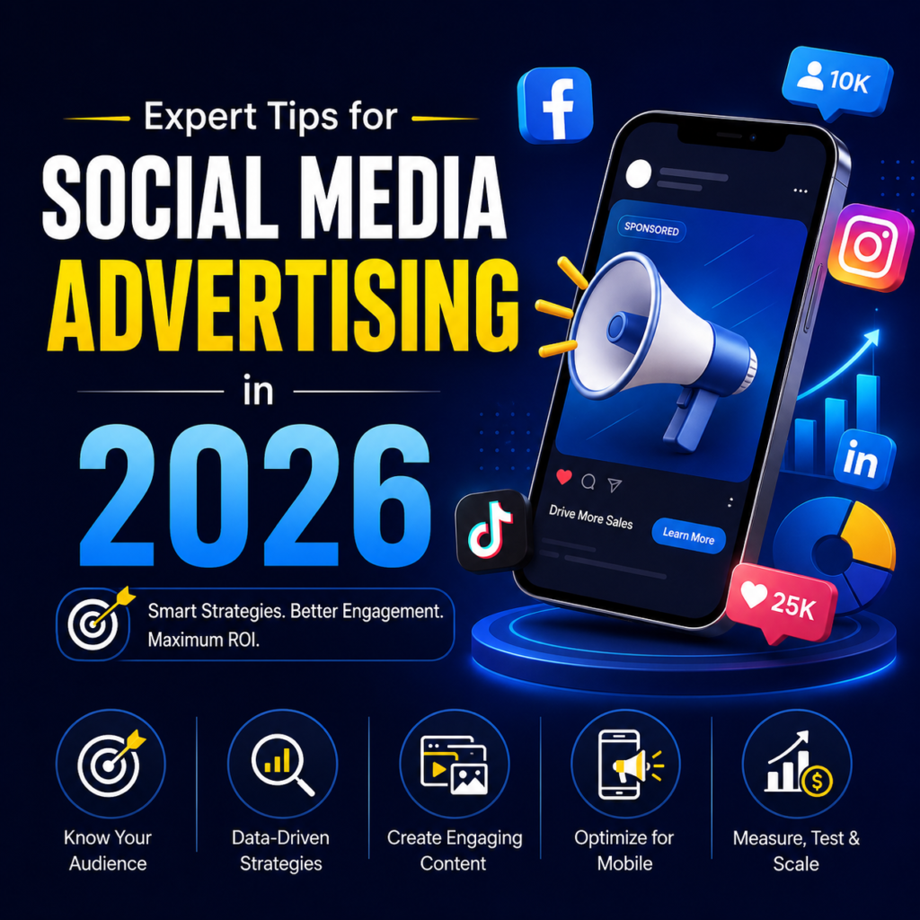 Modern social media advertising infographic for 2026 featuring a smartphone with digital ad campaign analytics, social media icons, engagement metrics, audience targeting, content creation, mobile optimization, and ROI growth strategies on a dark blue background.