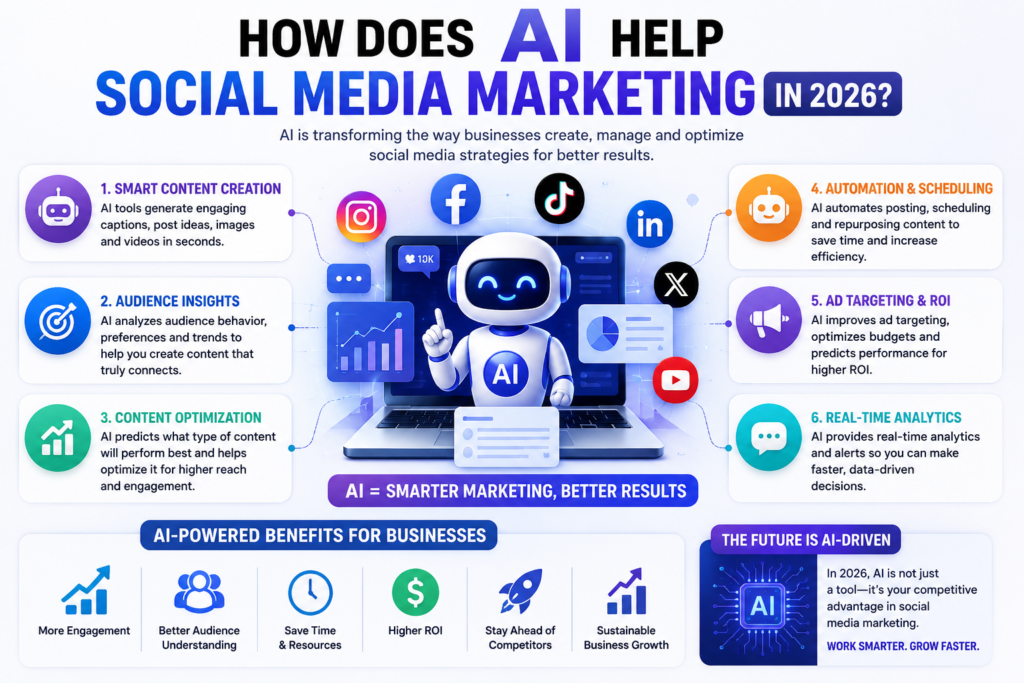 How AI helps social media marketing in 2026 through automation, content optimization, audience analysis, and real-time analytics.