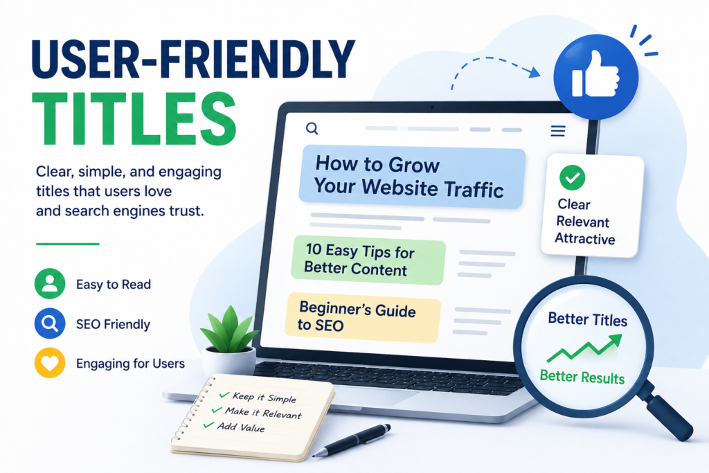 User friendly titles illustration with laptop, SEO icons, and website traffic tips