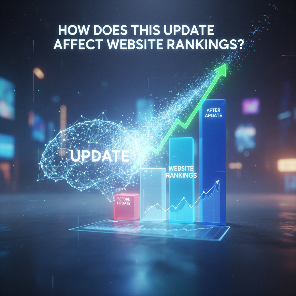 Holographic chart showing website rankings increase after update, with before and after bars98 characters. Chota, clean, SEO friendly.