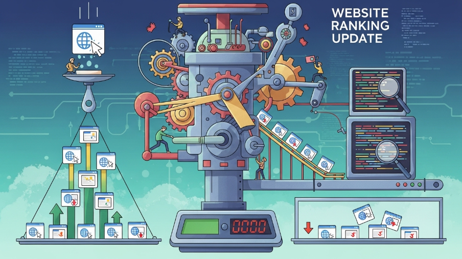 Illustration titled "WEBSITE RANKING UPDATE" showing a large machine with gears and a digital display. Websites on scales get weighed, some move up with green arrows, others drop down. People work on the machine analyzing code on screens with magnifying glasses.