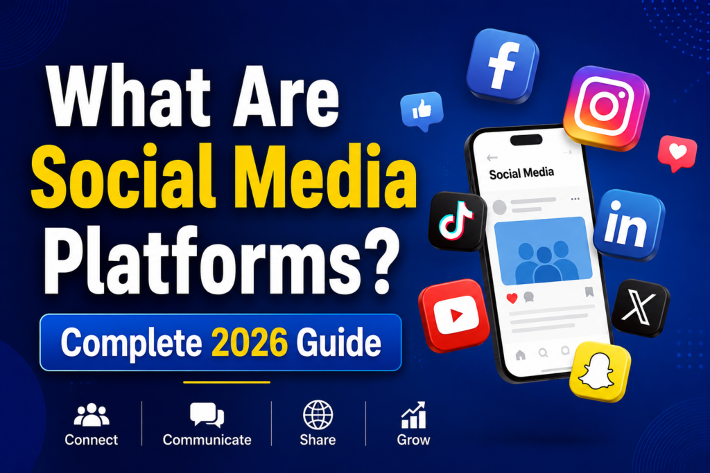 A modern social media illustration showing a smartphone surrounded by popular social media icons, including Facebook, Instagram, TikTok, YouTube, LinkedIn, Snapchat, and X. The image highlights the concept of social media platforms with a clean blue background and digital communication theme for a 2026 guide.