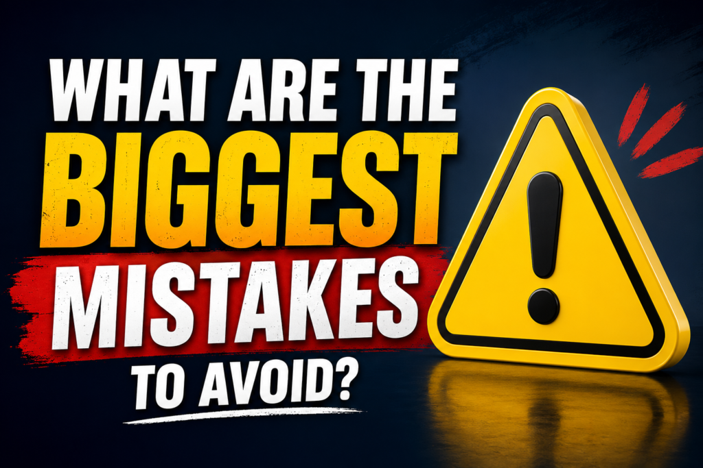 **Alt Text:** Biggest mistakes to avoid concept image featuring bold warning text, a yellow caution sign with an exclamation mark, and a dark background highlighting common errors and risks.