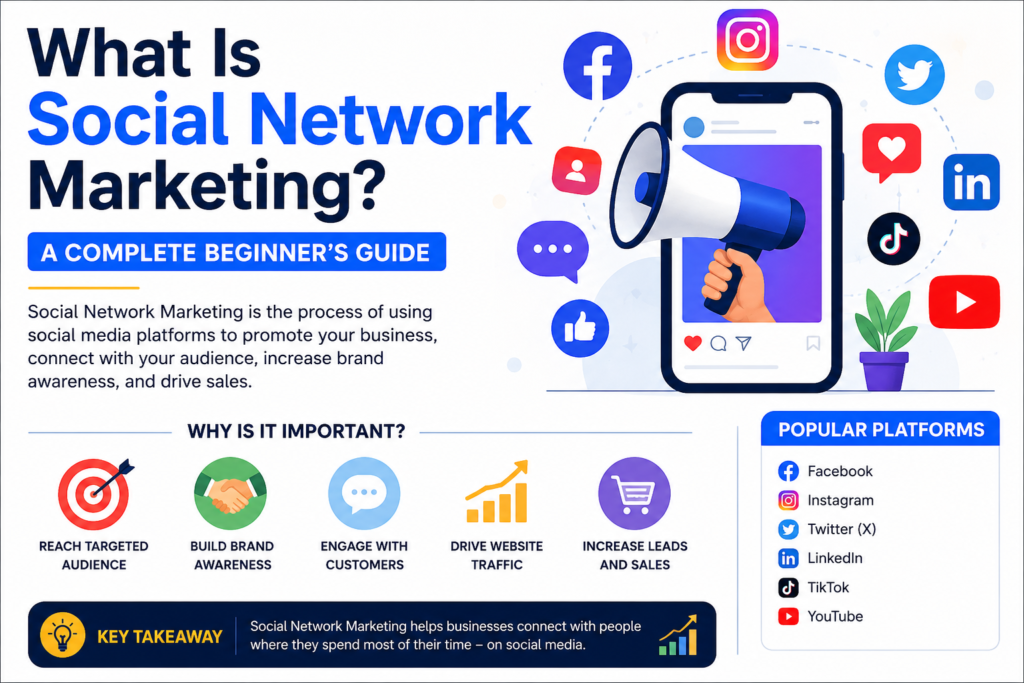 Social network marketing infographic with social media platforms, engagement, traffic, and lead generation.