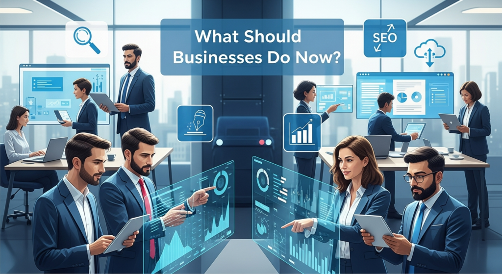  A digital illustration of business professionals in 2026 working on laptops and tablets, analyzing charts, and updating websites. Icons for SEO, content creation, analytics, and cloud technology surround them. The heading "What Should Businesses Do Now?" highlights the focus on digital adaptation, data analysis, and modern business strategies.