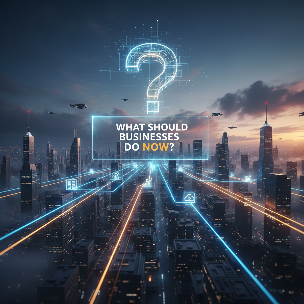 Futuristic city skyline with glowing question mark and text what should businesses do now