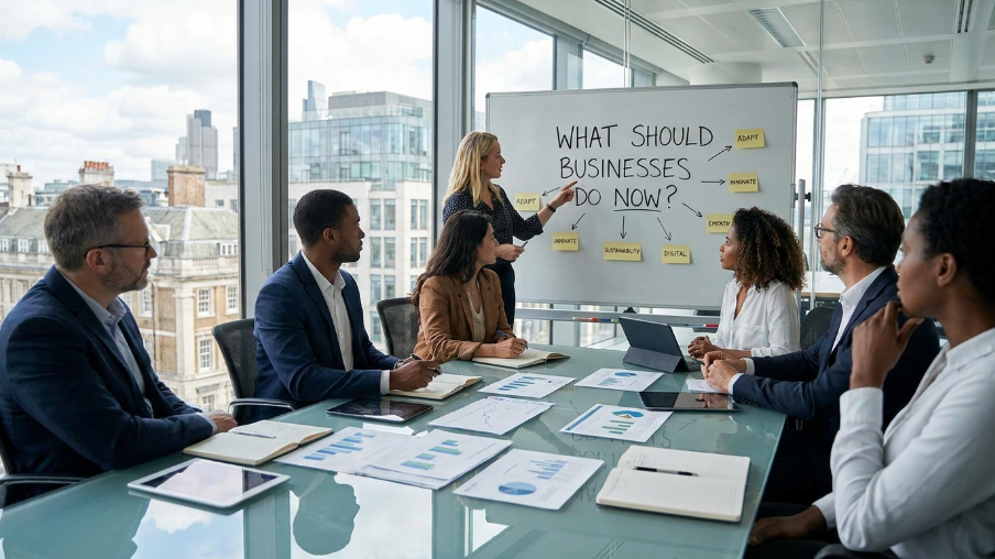 Business team in meeting room discussing "What should businesses do now" on whiteboard with keywords: adapt, innovate, evolve, sustainability, digital