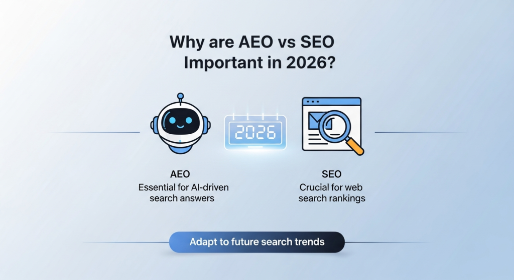 A digital illustration with the heading "Why are AEO vs SEO Important in 2026?" at the top. Below, an AI chatbot icon labeled "Essential for AI-driven search answers" (AEO) and a magnifying glass over a webpage labeled "Crucial for web search rankings" (SEO) are displayed. A calendar or futuristic icon marked "2026" emphasizes the future context. At the bottom, a banner reads "Adapt to future search trends." The design uses a modern, blue-and-white, tech-inspired theme.
