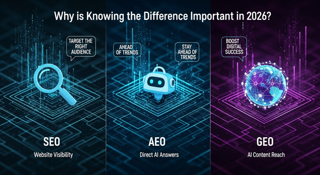 A digital illustration titled "Why is Knowing the Difference Important in 2026?" with a bold heading at the top. The image features three sections:

SEO is represented by a magnifying glass with the phrase "Website Visibility."
AEO is shown with an AI chatbot icon and the phrase "Direct AI Answers."
GEO is depicted with a globe connected by AI nodes and the phrase "AI Content Reach."
Text highlights include "Target the Right Audience," "Stay Ahead of Trends," and "Boost Digital Success." The design uses a futuristic color palette and fills the entire canvas.
