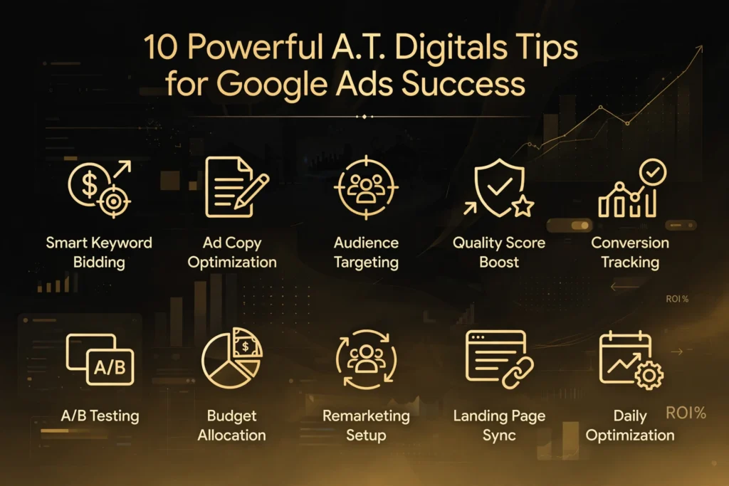 Golden and black gradient background with subtle Google Ads dashboard and ROI chart graphic. Gold heading "10 Powerful A.T. Digitals Tips for Google Ads Success" Below, ten tips are spaced out: "Smart Keyword Bidding," "Ad Copy Optimization," "Audience Targeting," "Quality Score Boost," "Conversion Tracking," "A/B Testing," "Budget Allocation," "Remarketing Setup," "Landing Page Sync," and "Daily Optimization."