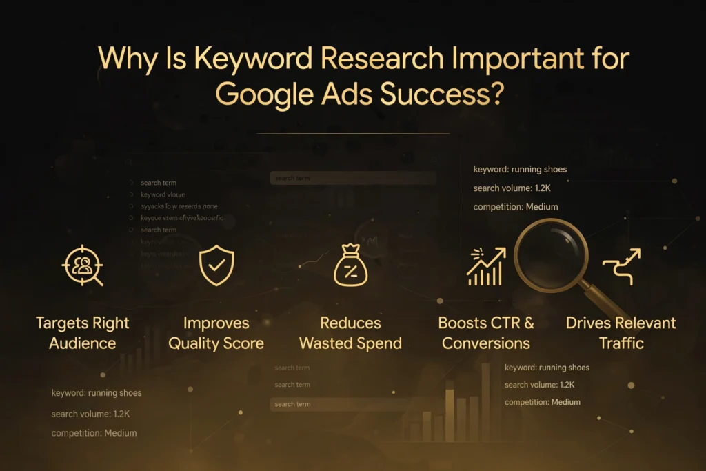 Golden and black gradient background with subtle keyword planner interface and magnifying glass over search terms graphic. Gold heading "Why Is Keyword Research Important for Google Ads Success?" Below, five benefits are spaced out: "Targets Right Audience," "Improves Quality Score," "Reduces Wasted Spend," "Boosts CTR & Conversions," and "Drives Relevant Traffic."