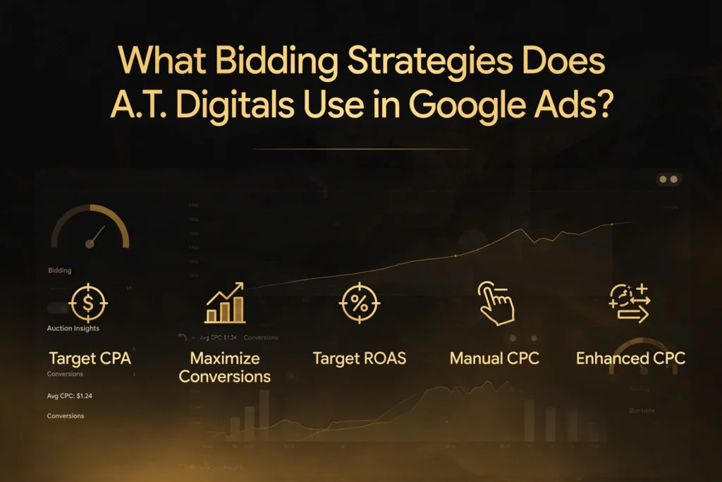  Golden and black gradient background with subtle Google Ads bidding dashboard and auction insights graphic. Gold heading "What Bidding Strategies Does A.T. Digitals Use in Google Ads?" Below, five strategies are spaced out: "Target CPA," "Maximize Conversions," "Target ROAS," "Manual CPC," and "Enhanced CPC."
