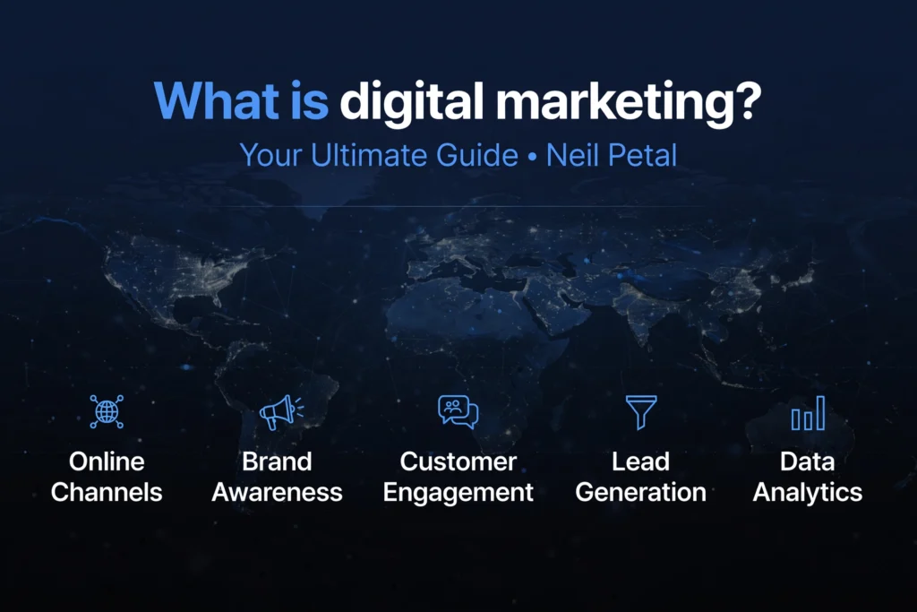 Navy blue and black gradient background with subtle global network and marketing analytics graphic. White heading "What is digital marketing? Your Ultimate Guide Neil Petal" Below, five digital marketing concepts are spaced out: "Online Channels," "Brand Awareness," "Customer Engagement," "Lead Generation," and "Data Analytics."
