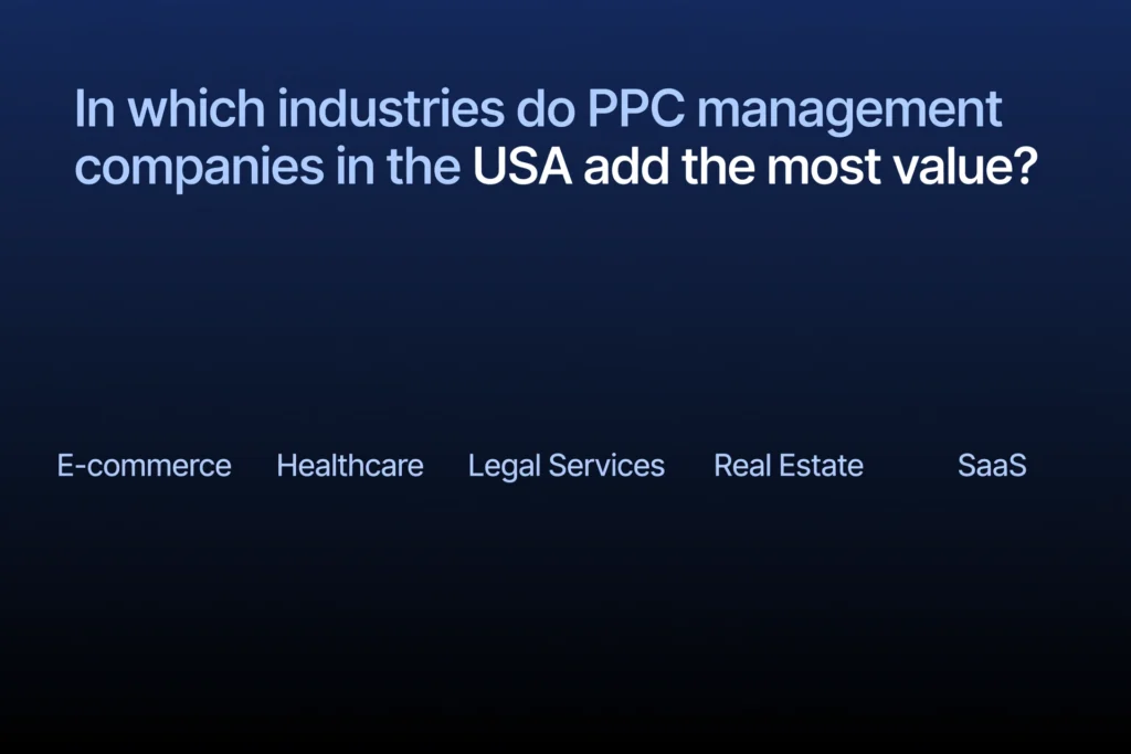 Navy blue and black gradient background with white heading "What advertising platforms do companies offering USA PPC management use?" Below, five advertising platforms are spaced out: "Google Ads," "Meta Ads," "Microsoft Ads," "LinkedIn Ads," and "Amazon Ads."