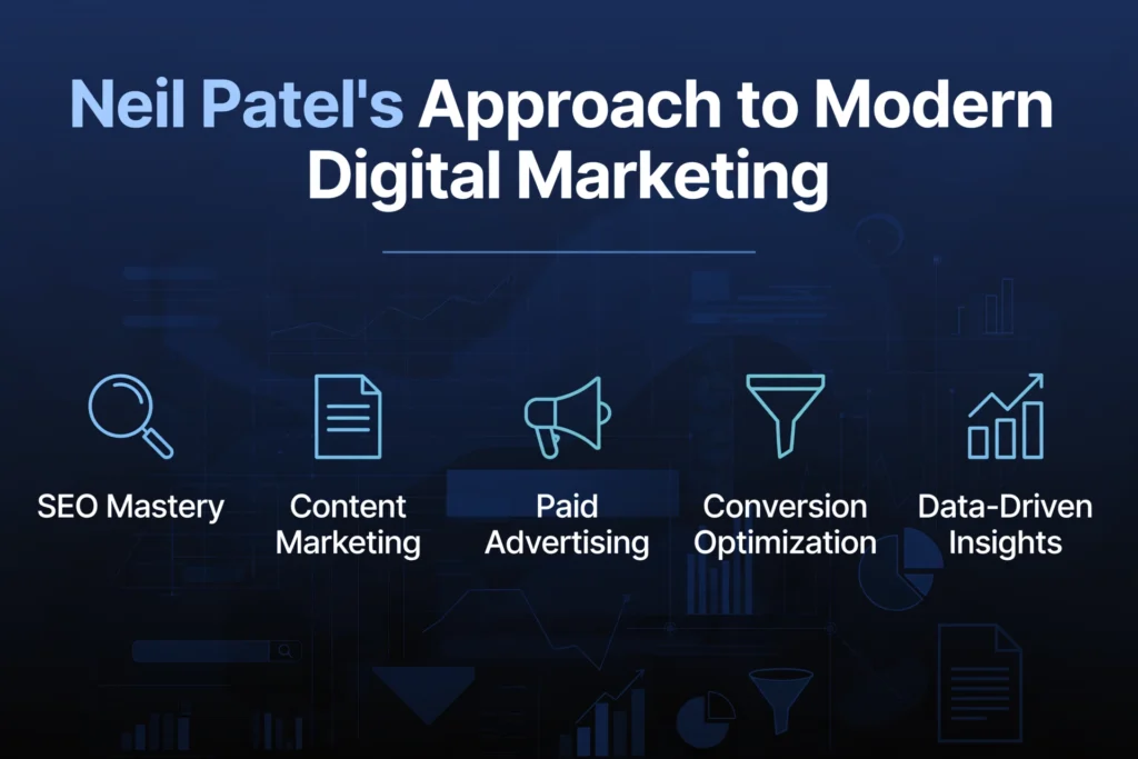 Navy blue and black gradient background with subtle analytics dashboard and SEO graphic. White heading "Neil Patel's Approach to Modern Digital Marketing" Below, five key pillars are spaced out: "SEO Mastery," "Content Marketing," "Paid Advertising," "Conversion Optimization," and "Data-Driven Insights."