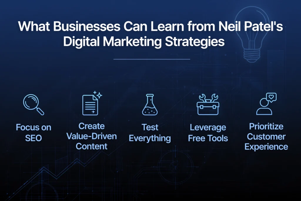 Navy blue and black gradient background with subtle lightbulb and growth chart graphic. White heading "What Businesses Can Learn from Neil Patel's Digital Marketing Strategies" Below, five key learnings are spaced out: "Focus on SEO," "Create Value-Driven Content," "Test Everything," "Leverage Free Tools," and "Prioritize Customer Experience."