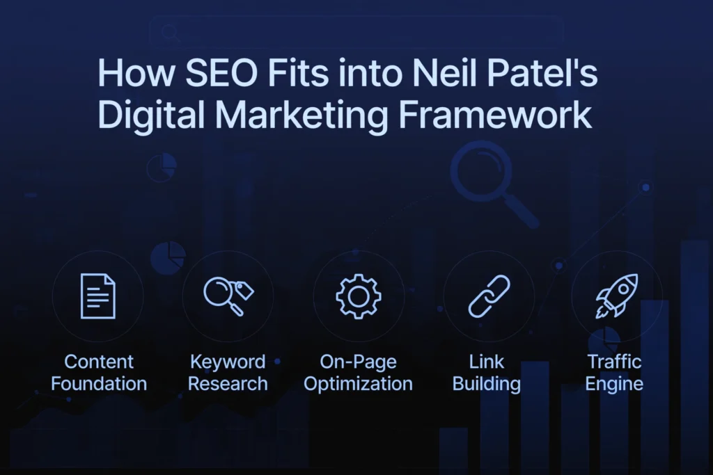 Navy blue and black gradient background with subtle search bar and magnifying glass graphic. White heading "How SEO Fits into Neil Patel's Digital Marketing Framework" Below, five SEO components are spaced out: "Content Foundation," "Keyword Research," "On-Page Optimization," "Link Building," and "Traffic Engine."