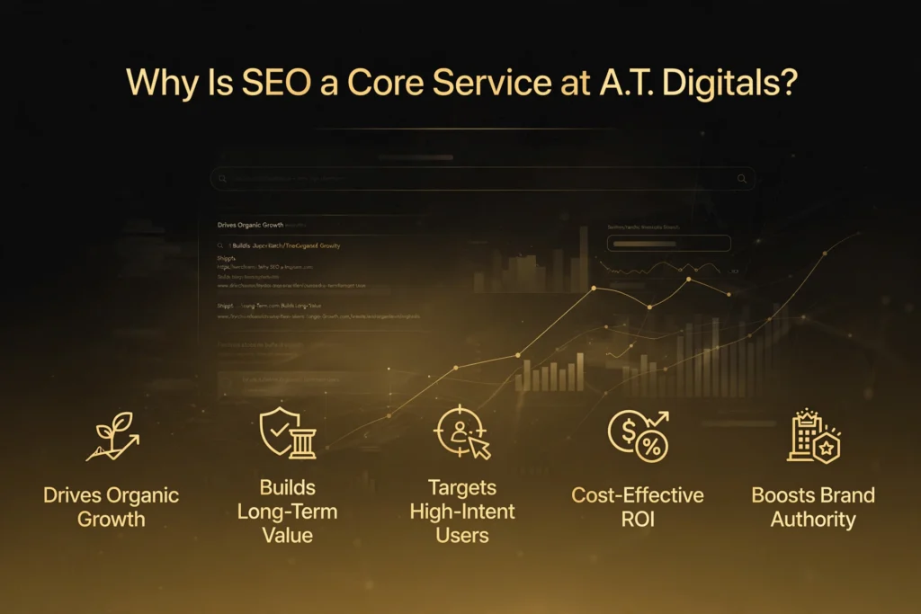 Golden and black gradient background with subtle search engine results page and organic growth chart graphic. Gold heading "Why Is SEO a Core Service at A.T. Digitals?" Below, five reasons are spaced out: "Drives Organic Growth," "Builds Long-Term Value," "Targets High-Intent Users," "Cost-Effective ROI," and "Boosts Brand Authority."