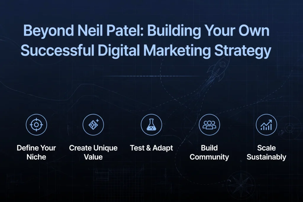 : Navy blue and black gradient background with subtle blueprint and launch rocket graphic. White heading "Beyond Neil Patel: Building Your Own Successful Digital Marketing Strategy" Below, five strategy principles are spaced out: "Define Your Niche," "Create Unique Value," "Test & Adapt," "Build Community," and "Scale Sustainably."