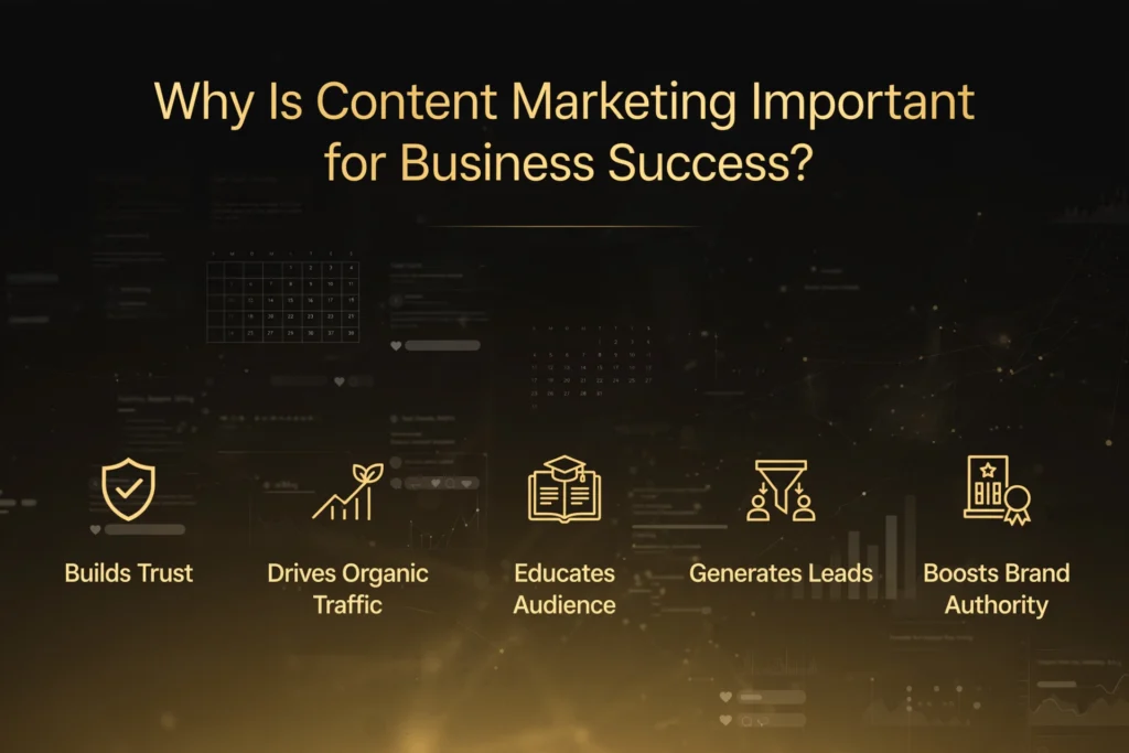  Golden and black gradient background with subtle content calendar and engagement metrics graphic. Gold heading "Why Is Content Marketing Important for Business Success?" Below, five benefits are spaced out: "Builds Trust," "Drives Organic Traffic," "Educates Audience," "Generates Leads," and "Boosts Brand Authority."