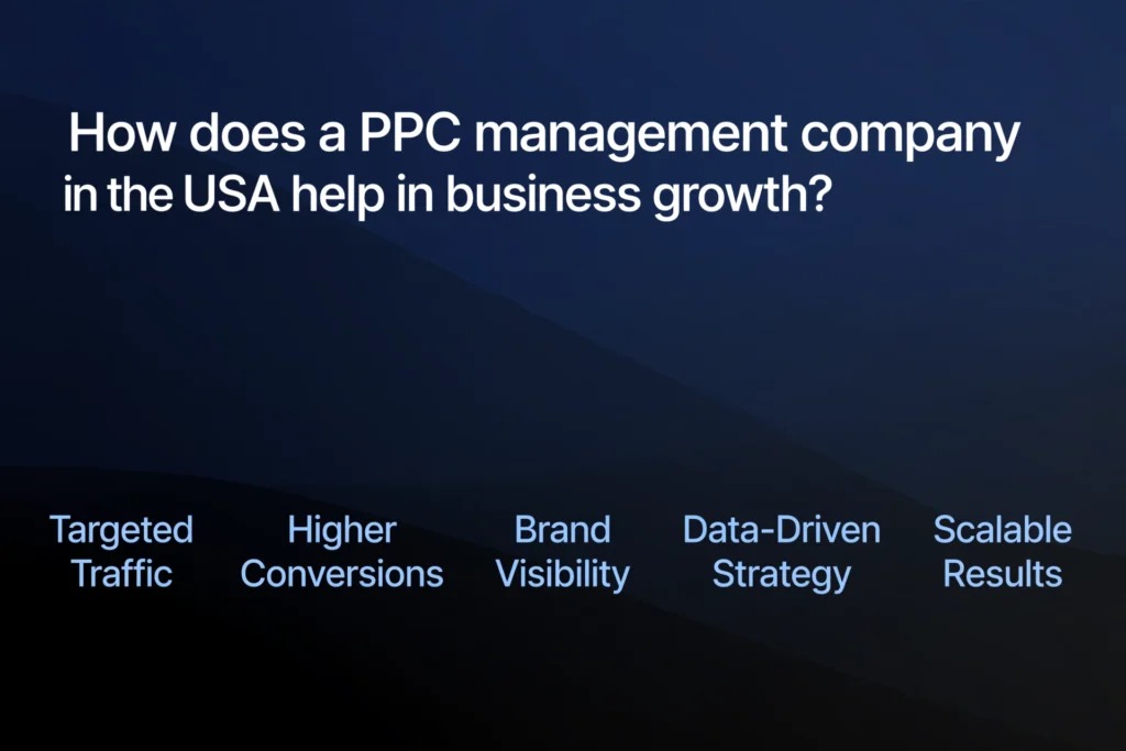 : Navy blue and black gradient background with white heading "How does a PPC management company in the USA help in business growth?" Below, five business growth benefits are spaced out: "Targeted Traffic," "Higher Conversions," "Brand Visibility," "Data-Driven Strategy," and "Scalable Results."