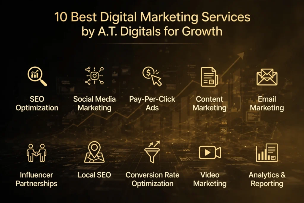 Golden and black gradient background with subtle upward graph and digital marketing icons. Gold heading "10 Best Digital Marketing Services by A.T. Digitals for Growth" Below, ten services are spaced out: "SEO Optimization," "Social Media Marketing," "Pay-Per-Click Ads," "Content Marketing," "Email Marketing," "Influencer Partnerships," "Local SEO," "Conversion Rate Optimization," "Video Marketing," and "Analytics & Reporting."
