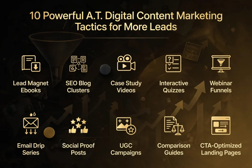 Golden and black gradient background with subtle funnel and growth arrows graphic. Gold heading "10 Powerful A.T. Digital Content Marketing Tactics for More Leads" Below, ten tactics are spaced out: "Lead Magnet Ebooks," "SEO Blog Clusters," "Case Study Videos," "Interactive Quizzes," "Webinar Funnels," "Email Drip Series," "Social Proof Posts," "UGC Campaigns," "Comparison Guides," and "CTA-Optimized Landing Pages."