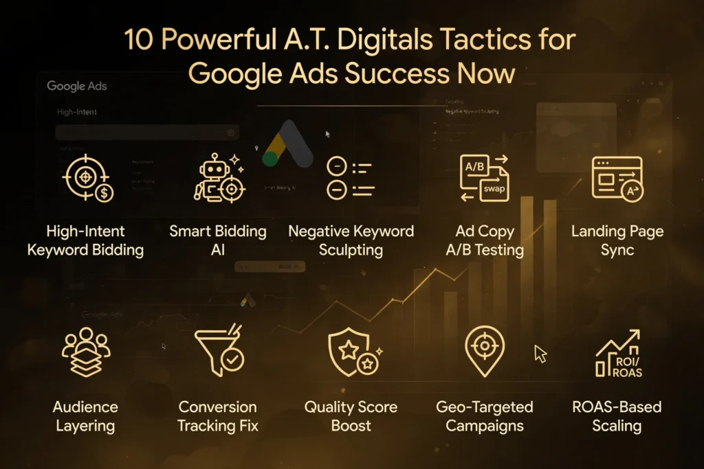 Golden and black gradient background with Google Ads dashboard and growth graphs. Gold heading "10 Powerful A.T. Digitals Tactics for Google Ads Success Now" Below, ten tactics in two rows: "High-Intent Keyword Bidding," "Smart Bidding AI," "Negative Keyword Sculpting," "Ad Copy A/B Testing," "Landing Page Sync," "Audience Layering," "Conversion Tracking Fix," "Quality Score Boost," "Geo-Targeted Campaigns," and "ROAS-Based Scaling".