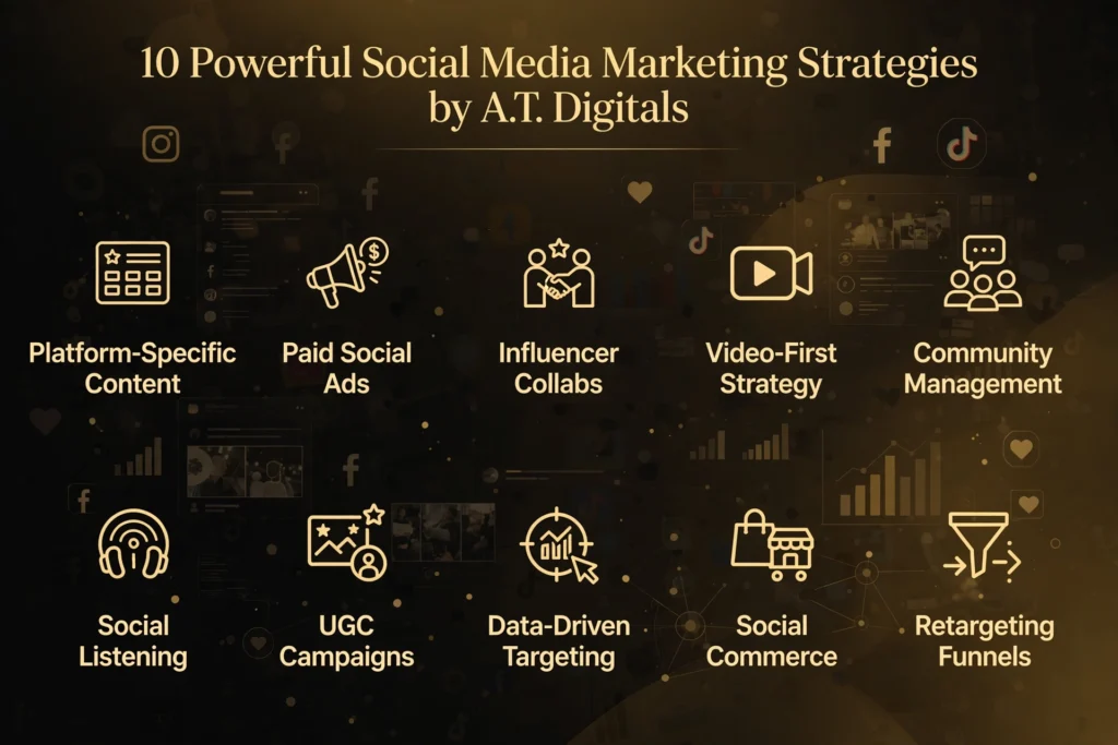 Golden and black gradient background with subtle Instagram, Facebook, TikTok icons and engagement graph graphic. Gold heading "10 Powerful Social Media Marketing Strategies by A.T. Digitals" Below, ten strategies are spaced out: "Platform-Specific Content," "Paid Social Ads," "Influencer Collabs," "Video-First Strategy," "Community Management," "Social Listening," "UGC Campaigns," "Data-Driven Targeting," "Social Commerce," and "Retargeting Funnels."