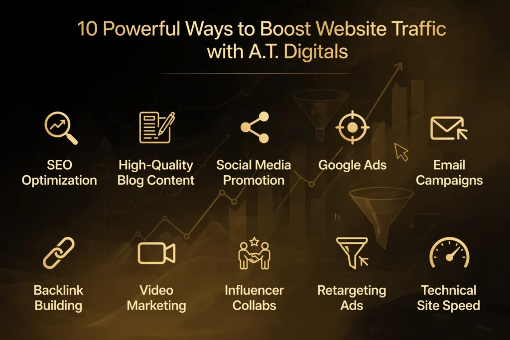 Golden and black gradient background with subtle upward traffic graph and funnel graphic. Gold heading "10 Powerful Ways to Boost Website Traffic with A.T. Digitals" Below, ten tactics are spaced out: "SEO Optimization," "High-Quality Blog Content," "Social Media Promotion," "Google Ads," "Email Campaigns," "Backlink Building," "Video Marketing," "Influencer Collabs," "Retargeting Ads," and "Technical Site Speed".