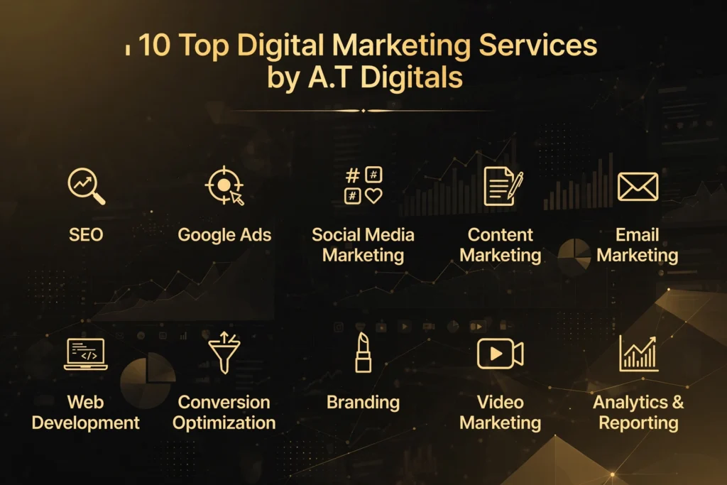 Golden and black gradient background with subtle digital marketing dashboard and analytics graphic. Gold heading "Top Digital Marketing Services by A.T Digitals" Below, five services are spaced out: "SEO Optimization," "Social Media Marketing," "Google Ads (PPC)," "Content Marketing," and "Web Design & Development."