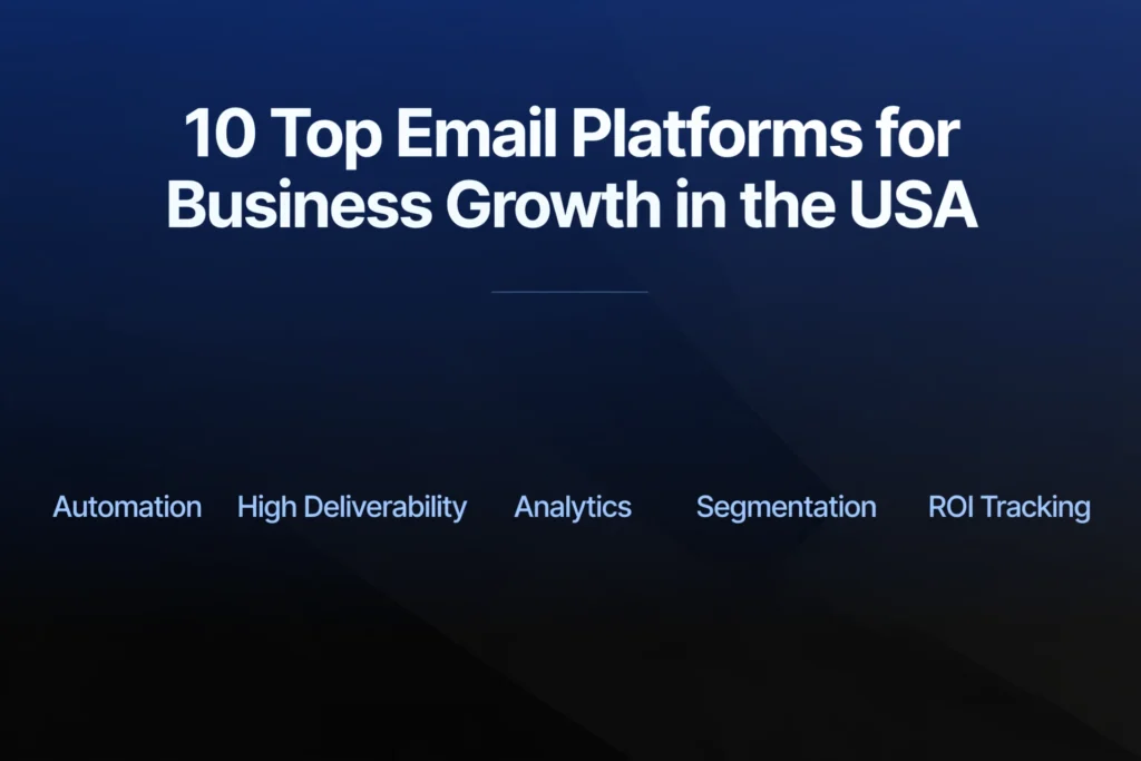  Navy blue and black gradient background with white heading "How do big email platforms support business growth in the USA?" Below, five growth factors are spaced out: "Lead Nurturing," "Customer Retention," "Sales Automation," "Brand Awareness," and "Scalable Outreach."