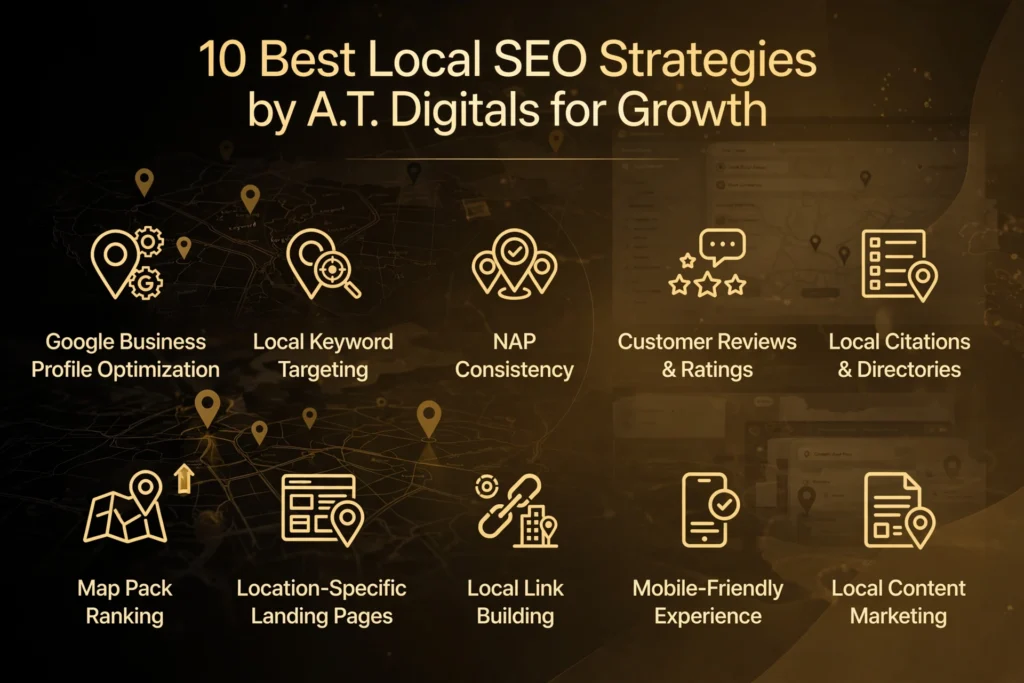 Golden and black gradient background with subtle map and location pins graphic. Gold heading "10 Best Local SEO Strategies by A.T. Digitals for Growth" Below, ten strategies in two rows: "Google Business Profile Optimization," "Local Keyword Targeting," "NAP Consistency," "Customer Reviews & Ratings," "Local Citations & Directories," "Map Pack Ranking," "Location-Specific Landing Pages," "Local Link Building," "Mobile-Friendly Experience," and "Local Content Marketing."
